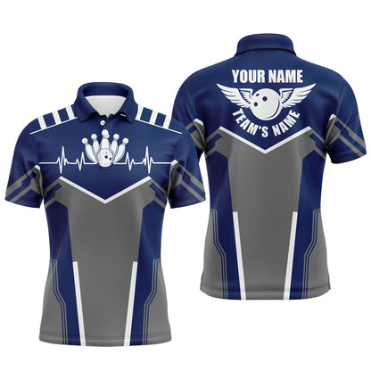 Custom Bowling Polo Shirts, Bowling Shirts For Men Custom Name, Team Name Bowling Ball & Pins Mens Polo Shirts Navy Blue