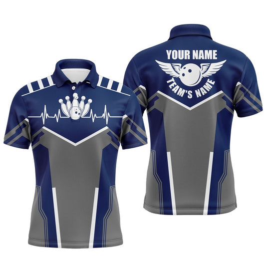 Custom Bowling Polo Shirts, Bowling Shirts For Men Custom Name, Team Name Bowling Ball & Pins Mens Polo Shirts Navy Blue