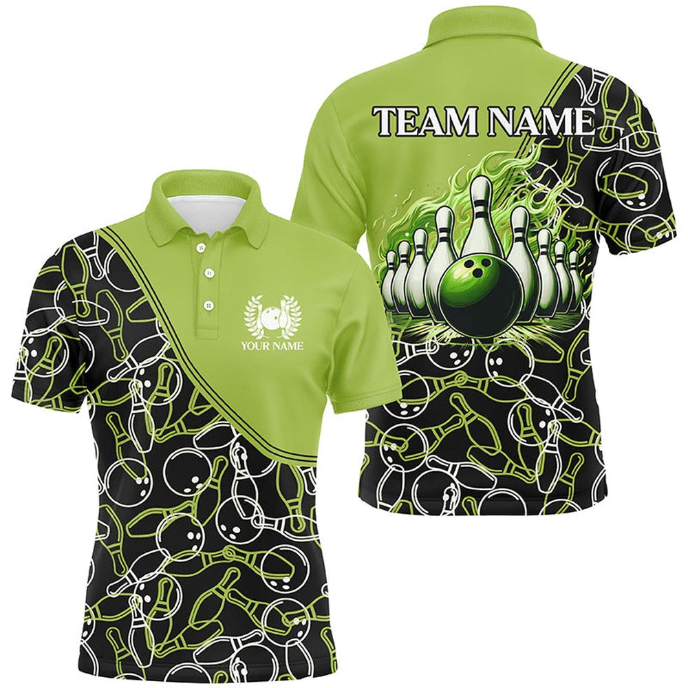 Custom Bowling Polo Shirts, Bowling Shirts For Men Custom Name, Team Name Green Camo Bowling Ball And Pins, Team Bowling Jerseys