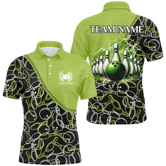 Custom Bowling Polo Shirts, Bowling Shirts For Men Custom Name, Team Name Green Camo Bowling Ball And Pins, Team Bowling Jerseys