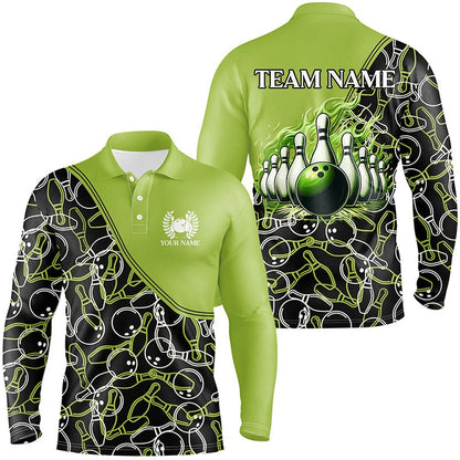Custom Bowling Polo Shirts, Bowling Shirts For Men Custom Name, Team Name Green Camo Bowling Ball And Pins, Team Bowling Jerseys