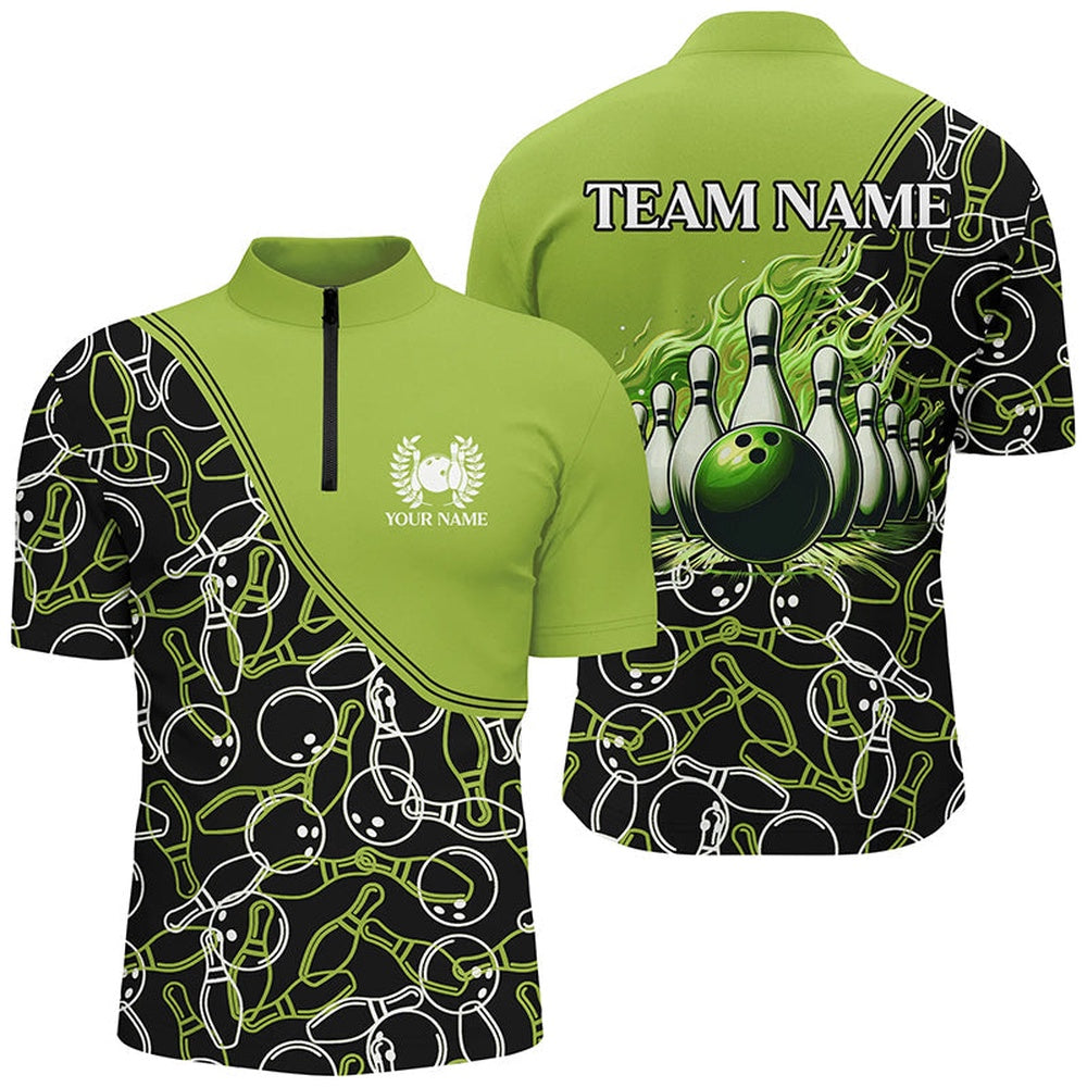 Custom Bowling Polo Shirts, Bowling Shirts For Men Custom Name, Team Name Green Camo Bowling Ball And Pins, Team Bowling Jerseys
