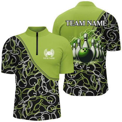 Custom Bowling Polo Shirts, Bowling Shirts For Men Custom Name, Team Name Green Camo Bowling Ball And Pins, Team Bowling Jerseys