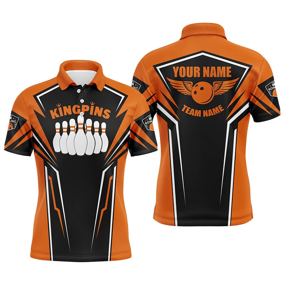 Custom Bowling Polo Shirts, Bowling Shirts For Men Custom Name & Team Name King Pins Bowling Jerseys, Bowling Team Shirts Orange