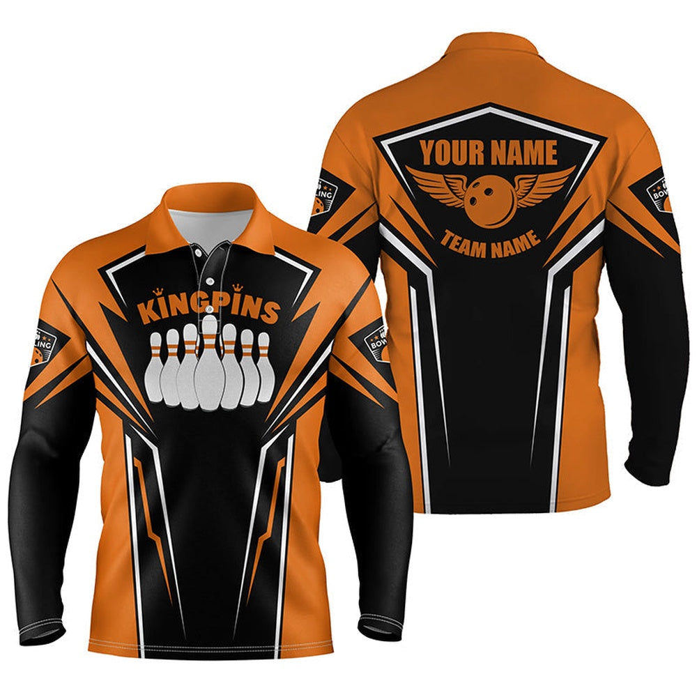 Custom Bowling Polo Shirts, Bowling Shirts For Men Custom Name & Team Name King Pins Bowling Jerseys, Bowling Team Shirts Orange