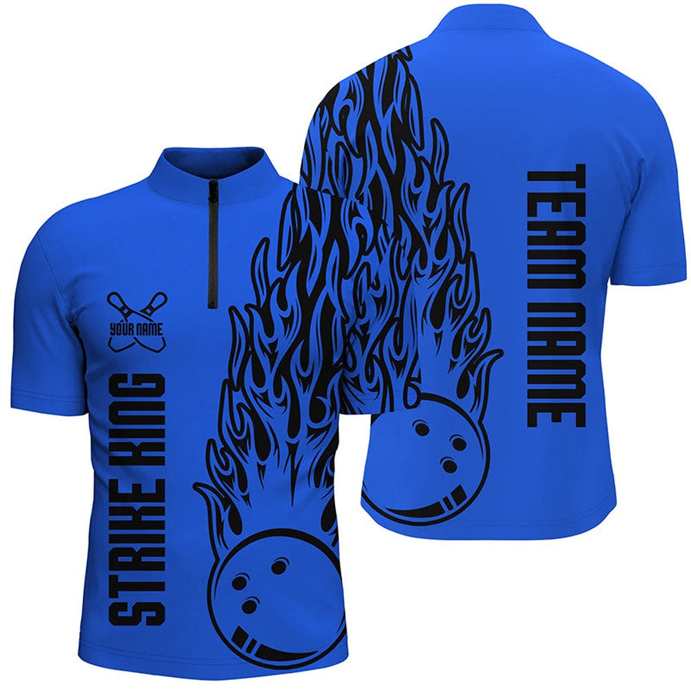 Custom Bowling Polo Shirts, Bowling Shirts For Men Custom Team Name Strike King Flaming Team Bowling Shirts Blue