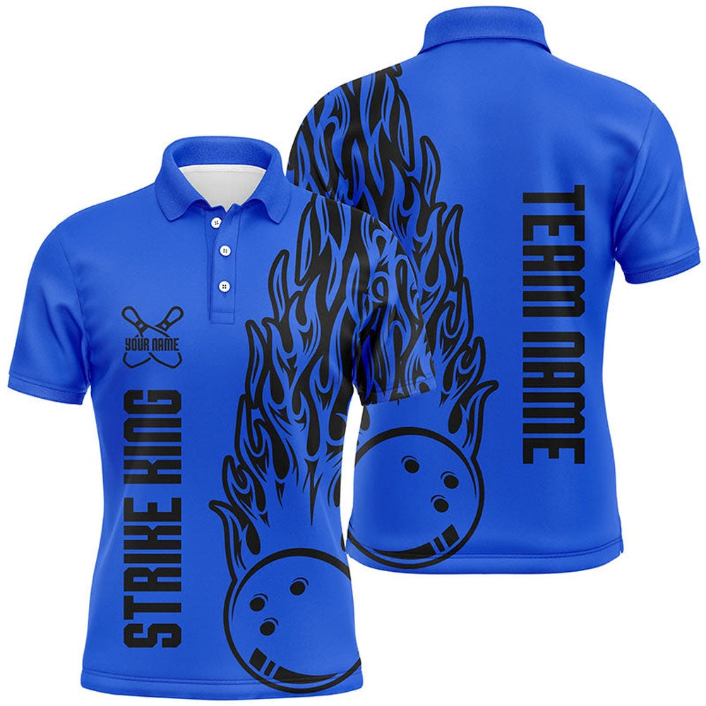 Custom Bowling Polo Shirts, Bowling Shirts For Men Custom Team Name Strike King Flaming Team Bowling Shirts Blue