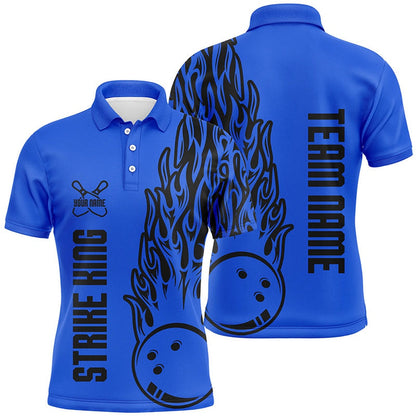 Custom Bowling Polo Shirts, Bowling Shirts For Men Custom Team Name Strike King Flaming Team Bowling Shirts Blue