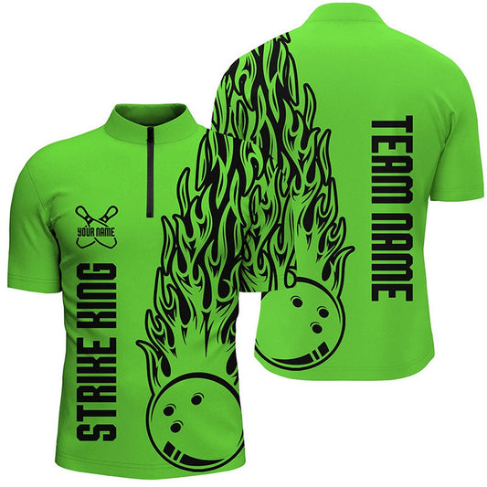 Custom Bowling Polo Shirts, Bowling Shirts For Men Custom Team Name Strike King Flaming Team Bowling Shirts Green