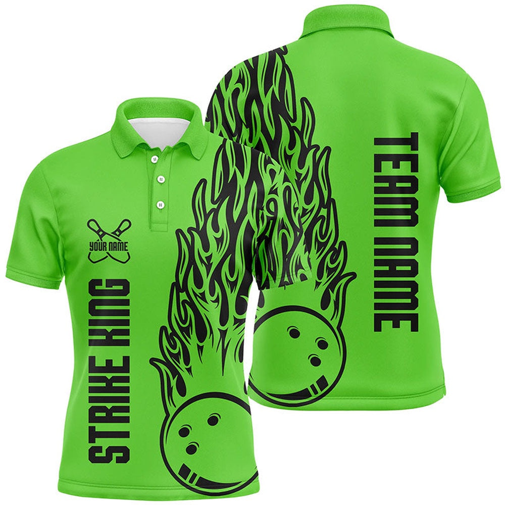 Custom Bowling Polo Shirts, Bowling Shirts For Men Custom Team Name Strike King Flaming Team Bowling Shirts Green