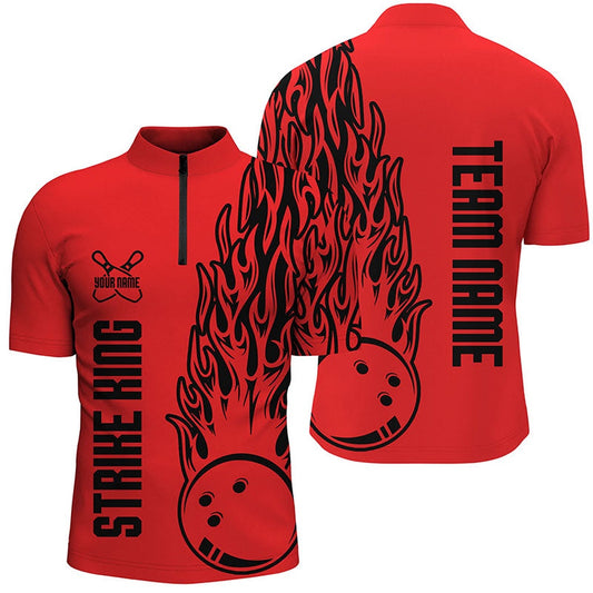 Custom Bowling Polo Shirts, Bowling Shirts For Men Custom Team Name Strike King Flaming Team Bowling Shirts Red