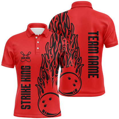 Custom Bowling Polo Shirts, Bowling Shirts For Men Custom Team Name Strike King Flaming Team Bowling Shirts Red