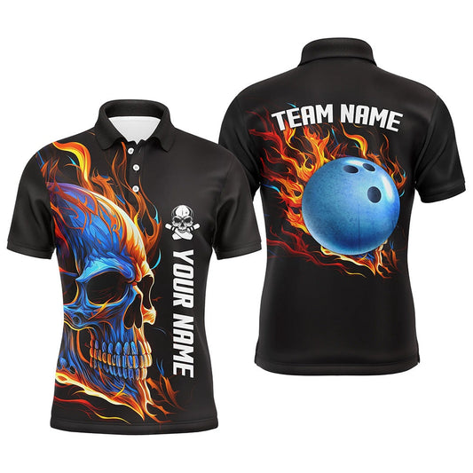Custom Bowling Polo Shirts, Bowling Skull On Fire Bowling Polo Shirts For Men Custom Team Skull Bowling Jerseys