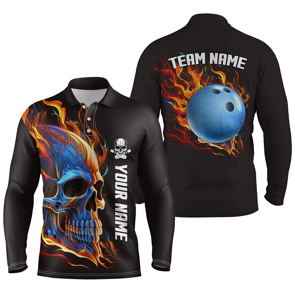 Custom Bowling Polo Shirts, Bowling Skull On Fire Bowling Polo Shirts For Men Custom Team Skull Bowling Jerseys