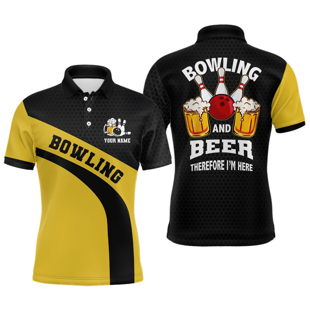 Custom Bowling Polo Shirts, Bowling Team Polo Shirts For Men Custom Name Black And Yellow Bowling And Beer Therefore I'M Here
