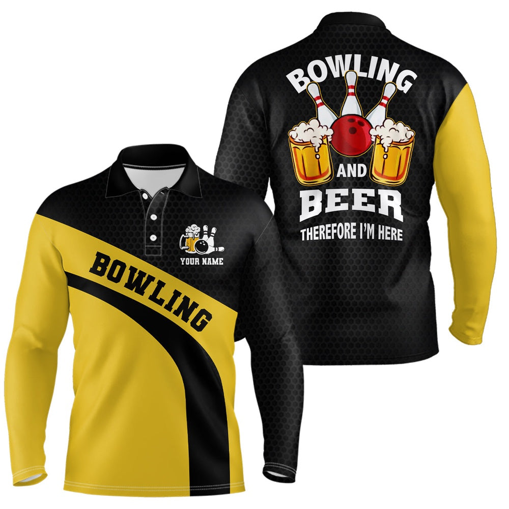 Custom Bowling Polo Shirts, Bowling Team Polo Shirts For Men Custom Name Black And Yellow Bowling And Beer Therefore I'M Here