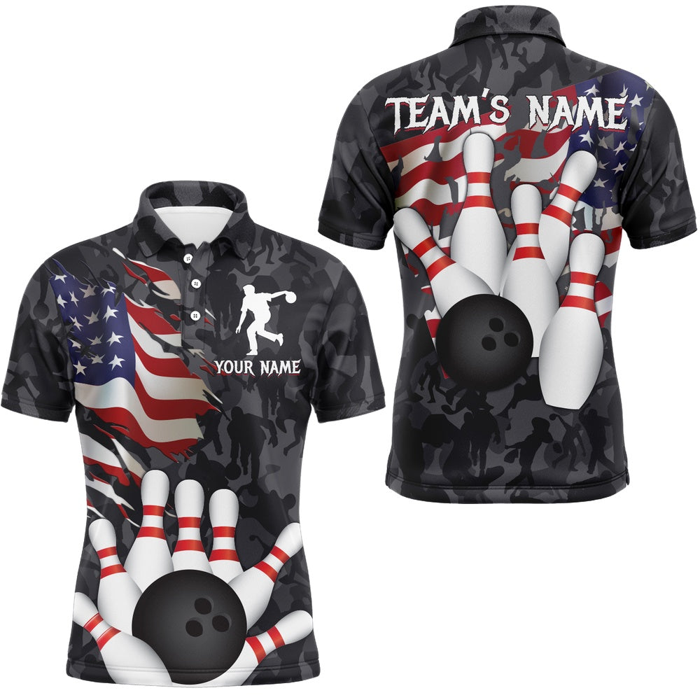 Custom Bowling Polo Shirts, Camo Bowling Shirt Men Custom American Bowling Jersey Team League Bowling Polo Shirt