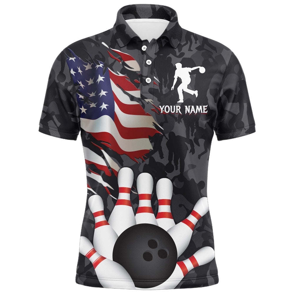 Custom Bowling Polo Shirts, Camo Bowling Shirt Men Custom American Bowling Jersey Team League Bowling Polo Shirt