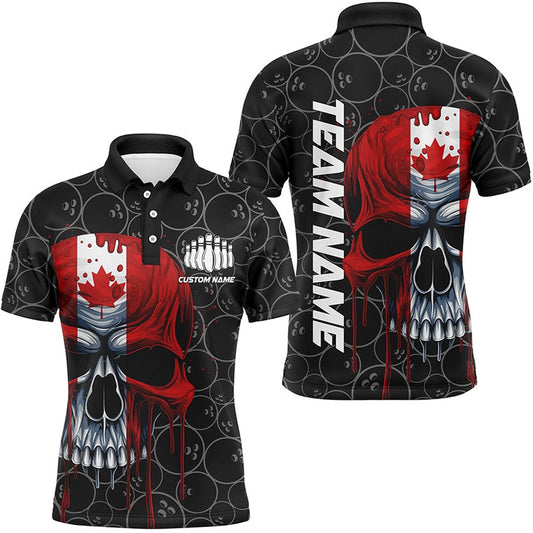 Custom Bowling Polo Shirts, Canadian Flag Skull Bowling Team Polo Shirts, Canada Men'S Bowling Jerseys, Bowling League Shirts
