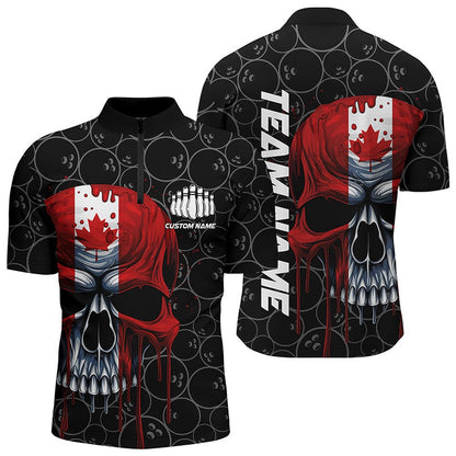 Custom Bowling Polo Shirts, Canadian Flag Skull Bowling Team Polo Shirts, Canada Men'S Bowling Jerseys, Bowling League Shirts