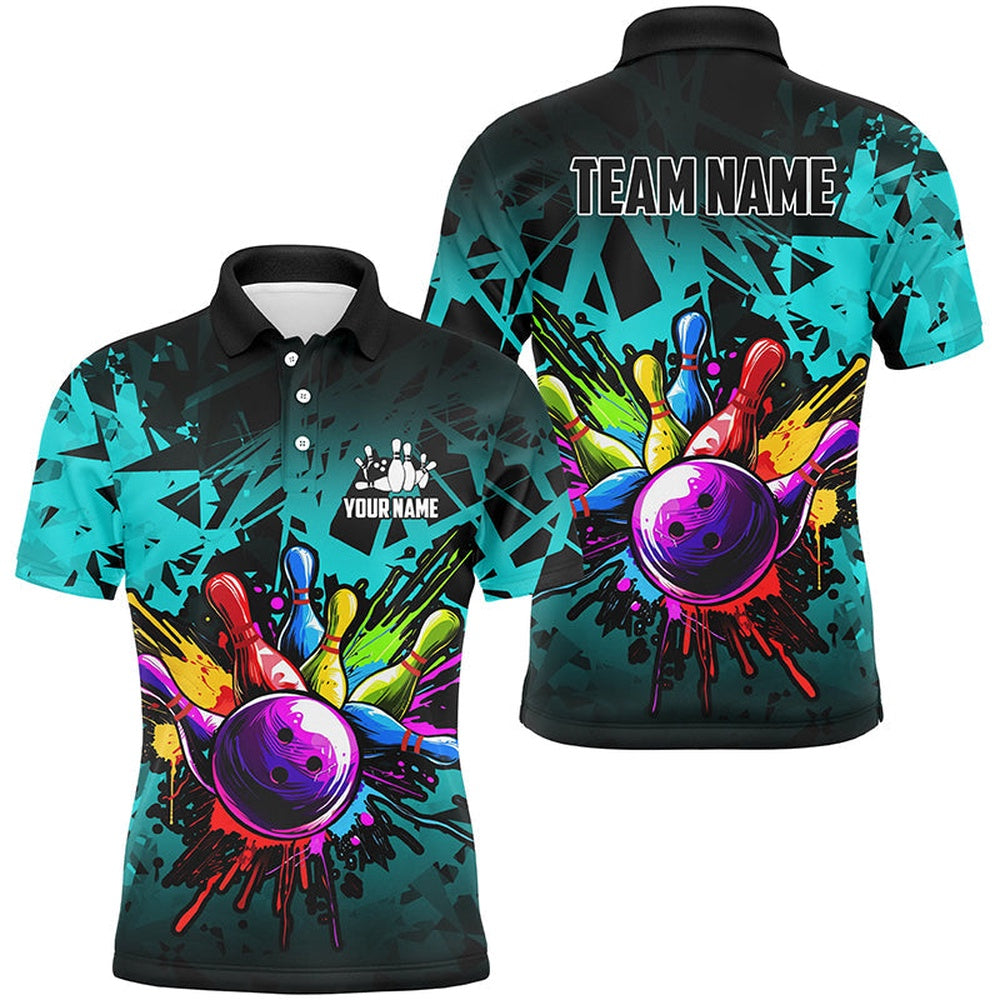 Custom Bowling Polo Shirts, Colorful Bowling Jerseys Polo, Zip Shirt For Men Custom Bowling Team Shirts For Bowler Cyan Blue