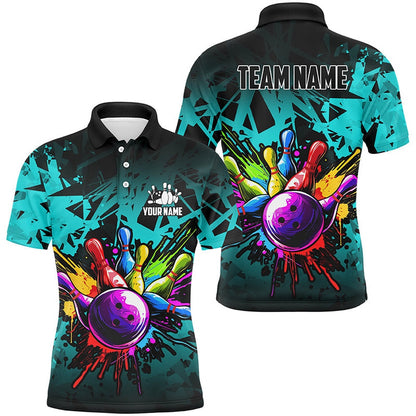 Custom Bowling Polo Shirts, Colorful Bowling Jerseys Polo, Zip Shirt For Men Custom Bowling Team Shirts For Bowler Cyan Blue