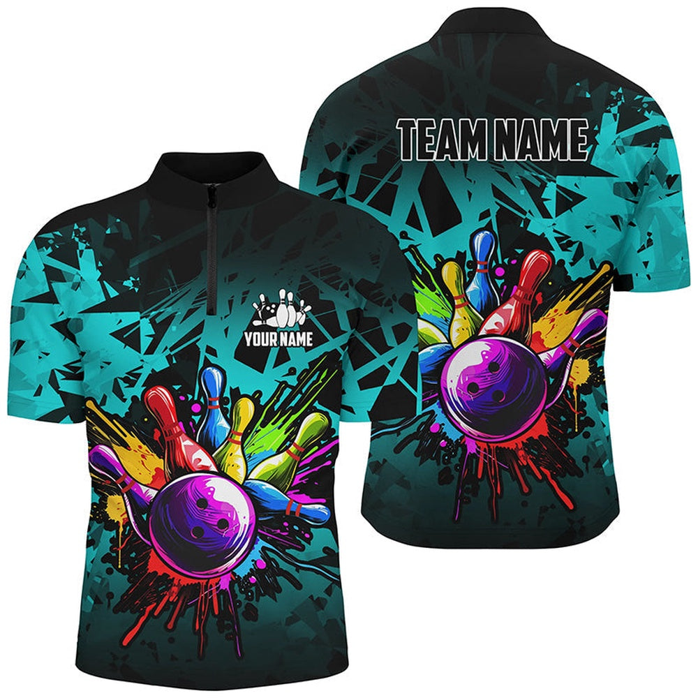 Custom Bowling Polo Shirts, Colorful Bowling Jerseys Polo, Zip Shirt For Men Custom Bowling Team Shirts For Bowler Cyan Blue