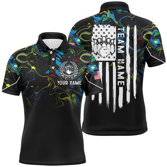 Custom Bowling Polo Shirts, Colorful Camo Mens Polo Bowling Shirts Custom American Flag Patriotic Bowling Team League Jerseys