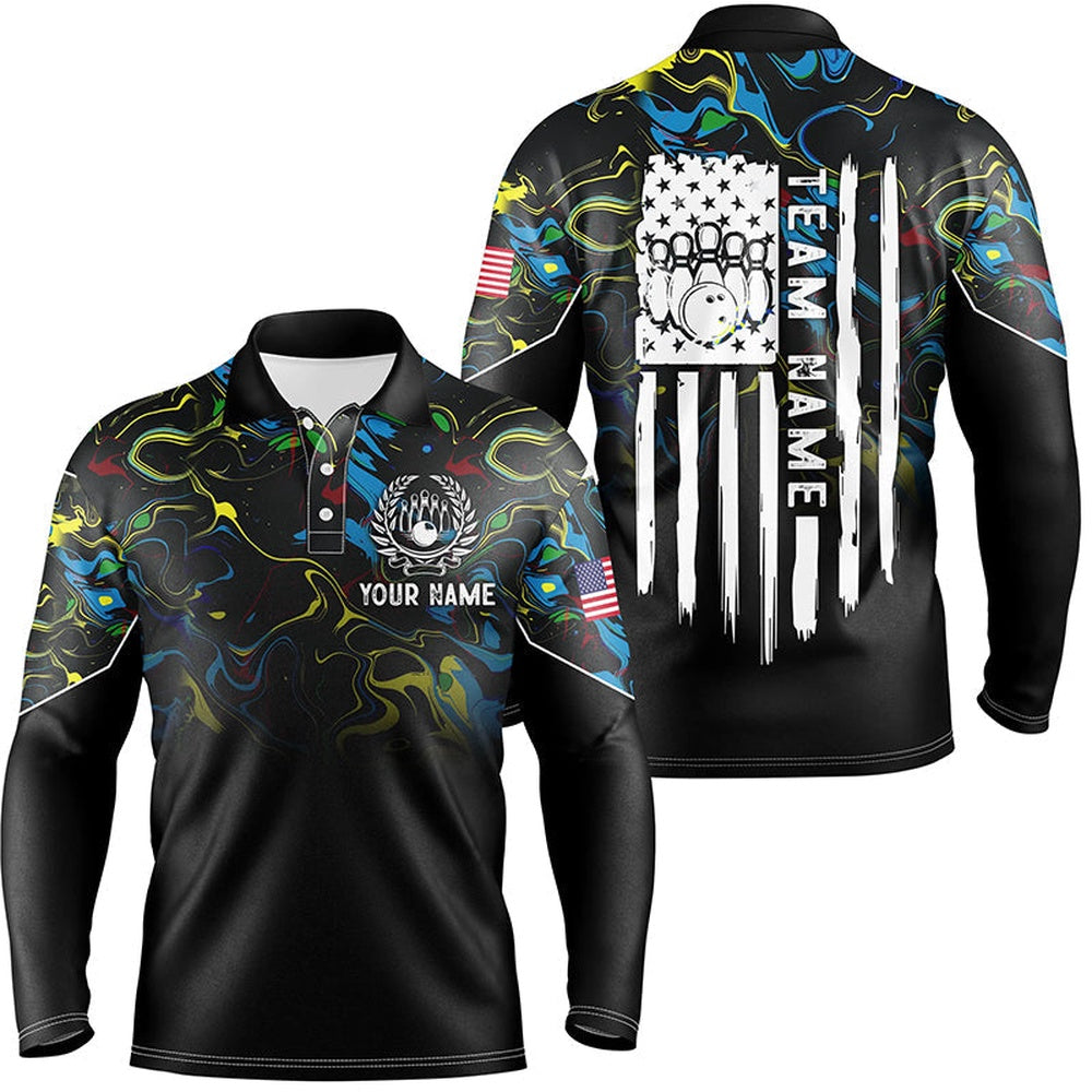 Custom Bowling Polo Shirts, Colorful Camo Mens Polo Bowling Shirts Custom American Flag Patriotic Bowling Team League Jerseys