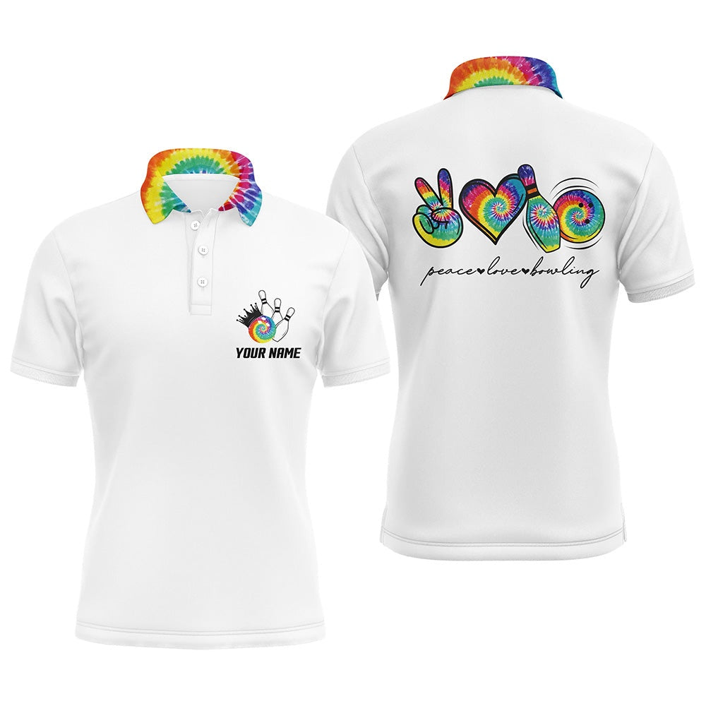 Custom Bowling Polo Shirts, Colorful Tie Dye Peace Love Bowling Custom White Bowling Polo Shirts For Men, Team Bowling Shirts