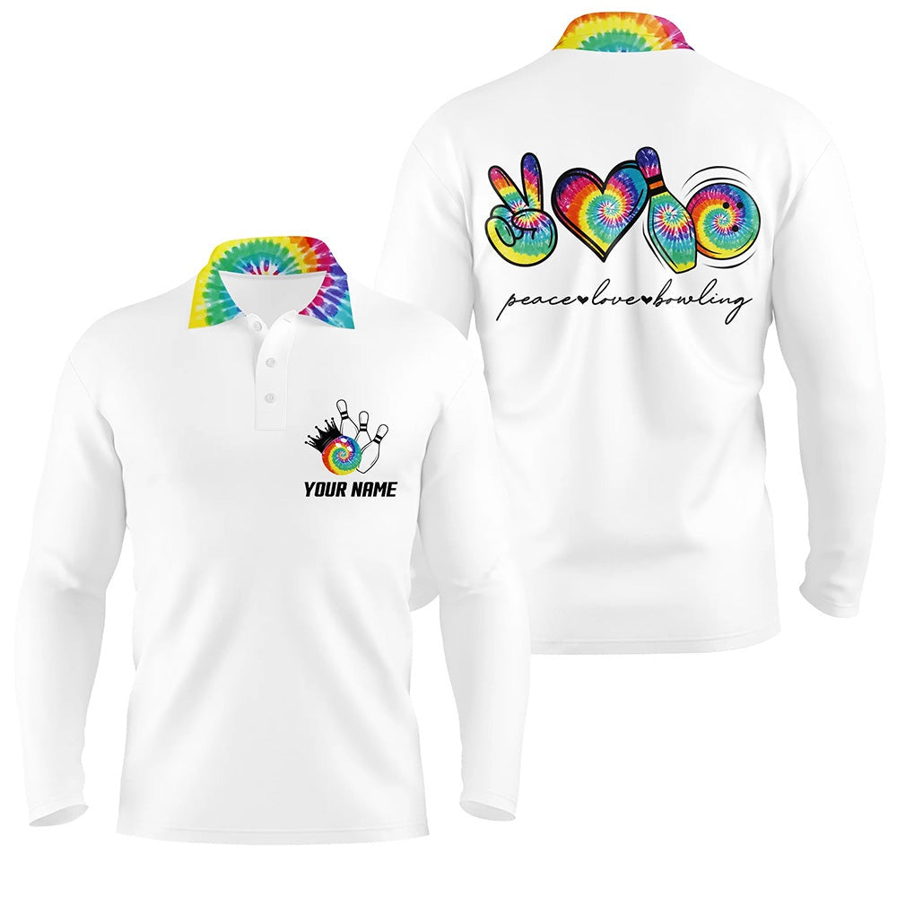 Custom Bowling Polo Shirts, Colorful Tie Dye Peace Love Bowling Custom White Bowling Polo Shirts For Men, Team Bowling Shirts