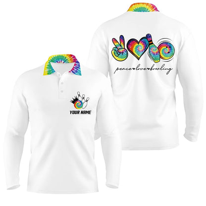Custom Bowling Polo Shirts, Colorful Tie Dye Peace Love Bowling Custom White Bowling Polo Shirts For Men, Team Bowling Shirts