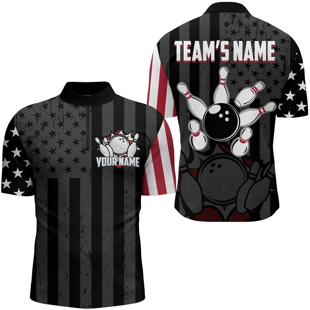 Custom Bowling Polo Shirts, Custom American Bowling Shirt For Men Black Bowling Jersey Team League Bowling Zip Shirt