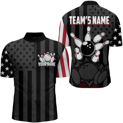 Custom Bowling Polo Shirts, Custom American Bowling Shirt For Men Black Bowling Jersey Team League Bowling Zip Shirt