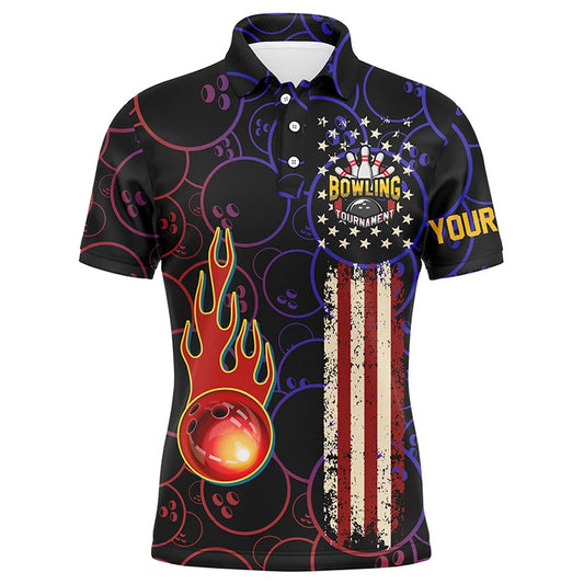 Custom Bowling Polo Shirts, Custom American Flag Black Bowling Polo Shirts For Men, Patriotic Bowling Tournament Jerseys