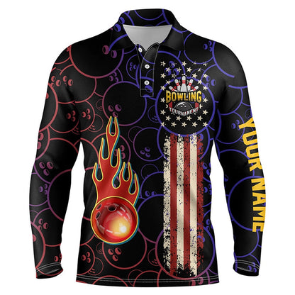 Custom Bowling Polo Shirts, Custom American Flag Black Bowling Polo Shirts For Men, Patriotic Bowling Tournament Jerseys