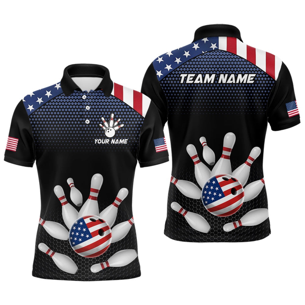 Custom Bowling Polo Shirts, Custom American Flag Bowling Jersey Men Women Patriotic Bowling Polo Shirt For Team