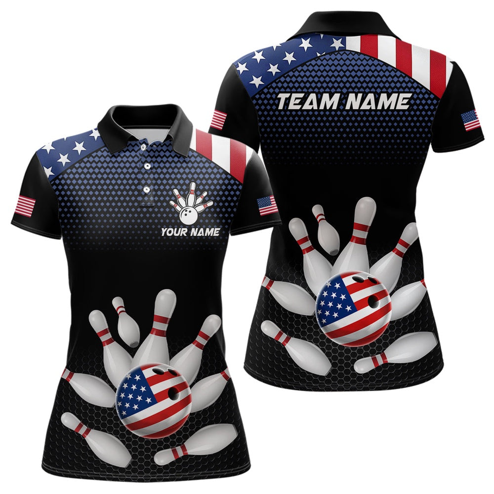 Custom Bowling Polo Shirts, Custom American Flag Bowling Jersey Men Women Patriotic Bowling Polo Shirt For Team