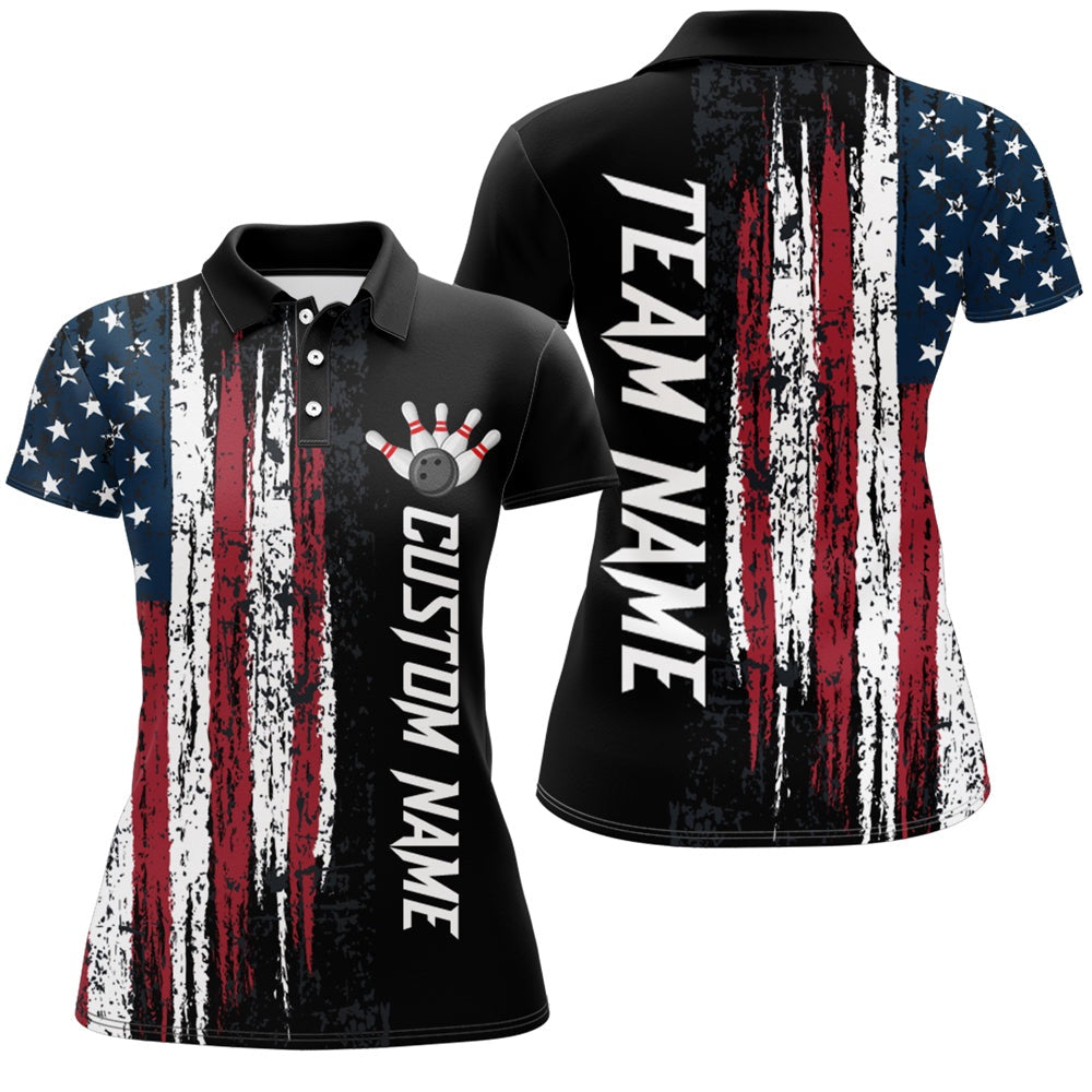 Custom Bowling Polo Shirts, Custom American Flag Bowling Polo Shirts For Men & Women Patriotic Bowling Team Jersey