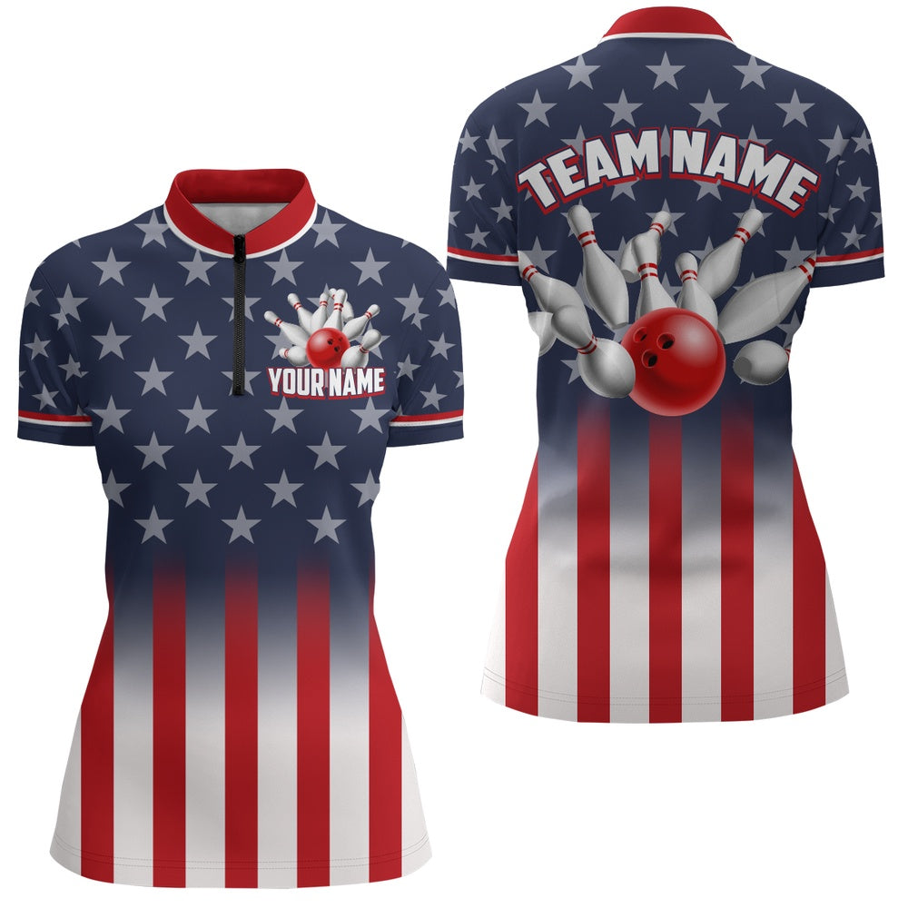 Custom Bowling Polo Shirts, Custom American Flag Bowling Shirt For Men & Women Bowling Team Jersey Patriotic