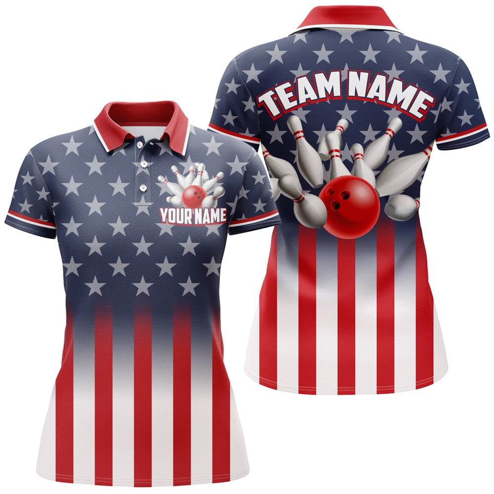 Custom Bowling Polo Shirts, Custom American Flag Bowling Shirt For Men & Women Polo Bowling Team Jersey Patriotic