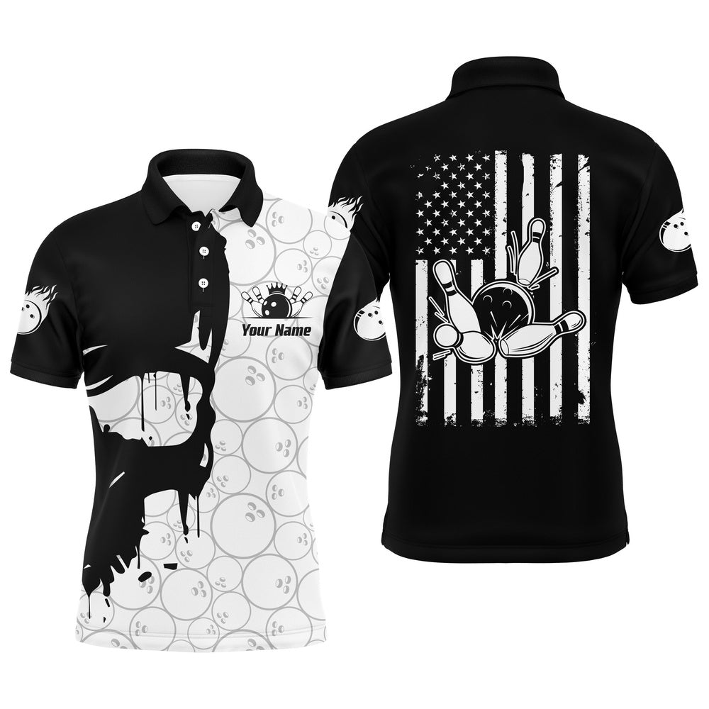 Custom Bowling Polo Shirts, Custom American Flag Bowling Shirts, Customize Vintage Skull Bowling Shirts For Men