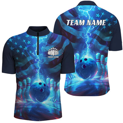 Custom Bowling Polo Shirts, Custom American Flag Bowling Team Jerseys, Patriotic Blue Lightning Bowling Tournament Shirts