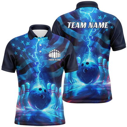 Custom Bowling Polo Shirts, Custom American Flag Bowling Team Jerseys, Patriotic Blue Lightning Bowling Tournament Shirts