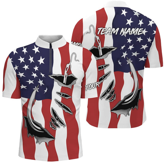 Custom Bowling Polo Shirts, Custom American Flag Fishing Shirts With Fish Hook Design, Patriotic Fishing Team Jersey