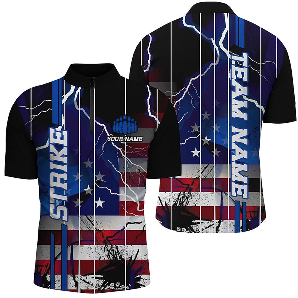 Custom Bowling Polo Shirts, Custom American Flag Lightning Strike Bowling Shirts For Team, Patriotic Unisex Bowling Jerseys