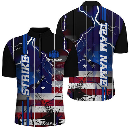 Custom Bowling Polo Shirts, Custom American Flag Lightning Strike Bowling Shirts For Team, Patriotic Unisex Bowling Jerseys