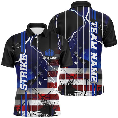 Custom Bowling Polo Shirts, Custom American Flag Lightning Strike Bowling Shirts For Team, Patriotic Unisex Bowling Jerseys