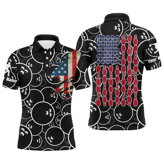 Custom Bowling Polo Shirts, Custom American Flag Men Polo Bowling Shirt Black Usa Bowling Short Sleeve Polo Men Bowlers