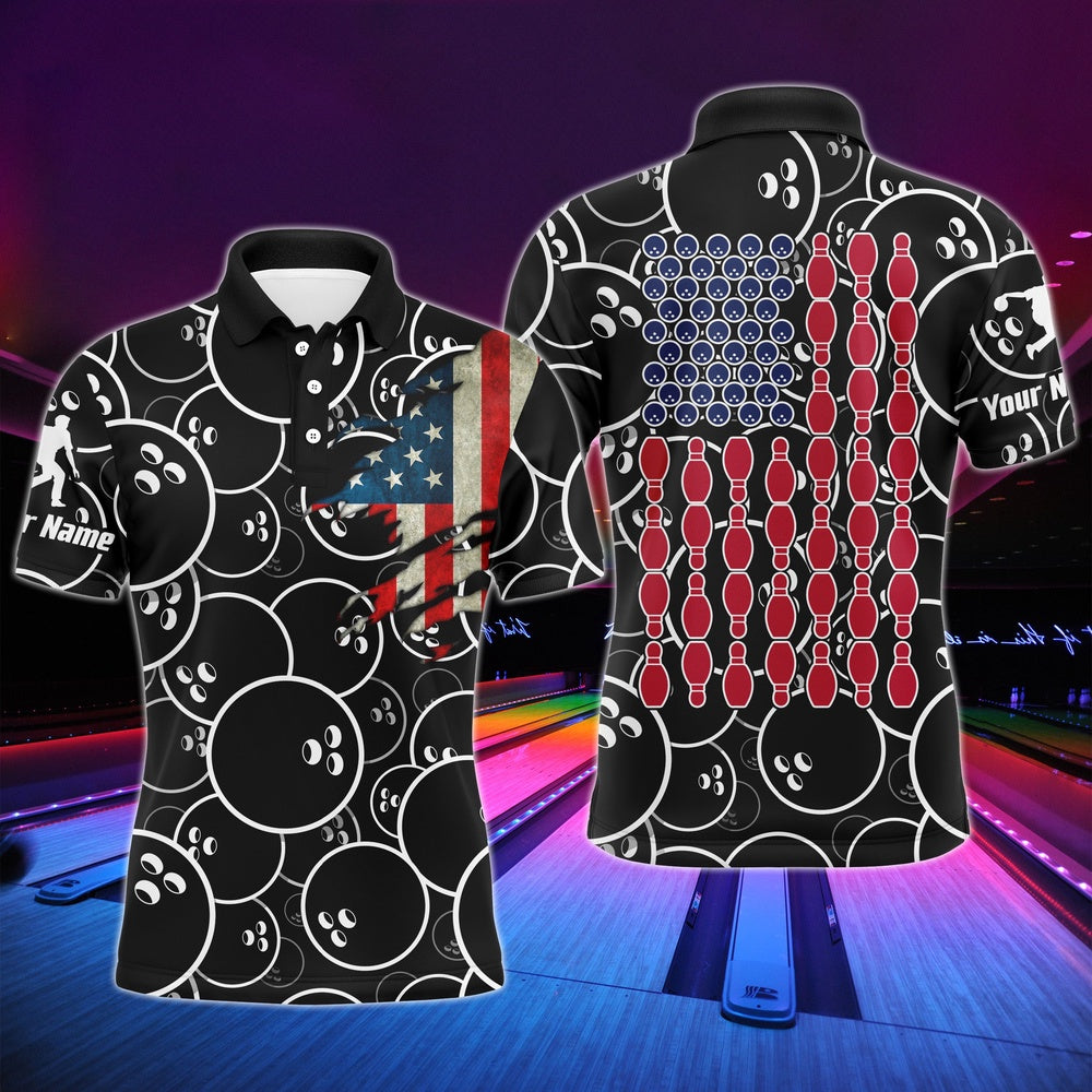 Custom Bowling Polo Shirts, Custom American Flag Men Polo Bowling Shirt Black Usa Bowling Short Sleeve Polo Men Bowlers